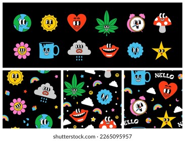 Set of trendy psychedelic sticker in vintage cartoon style. Retro 50s art character label illustration collection on isolated background. Funny colorful groovy mascot bundle.