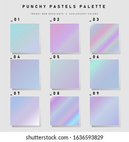Set of trendy punchy pastel swatches, retro nostalgic holographic gradient collection for web design and art.