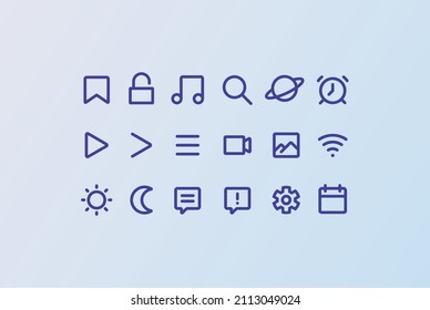 A set of trendy purple vector icons in minimalist flat style. The collection includes 18 icons in a single style for mobile and web interface design