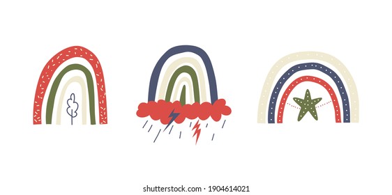 Set of trendy rainbows. Abstract rainbow shapes in red-green and beige-blue tones with rain and lightning. Collection of color vector stock illustrations isolated on white background.