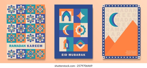 Set of trendy Ramadan Kareem greeting cards with retro colors of blue, teal, orange, beige. Posters with crescent moon, Islamic geometric patterns, mosque arch, Arabic lantern, "Eid Mubarak" greetings