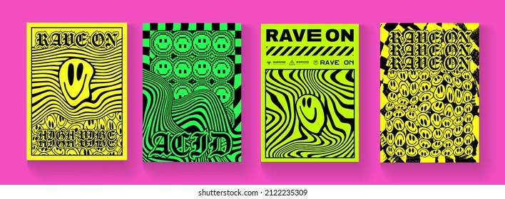 Set Of Trendy Rave On Abstract Posters. Cool Acid Smile Style Placards.