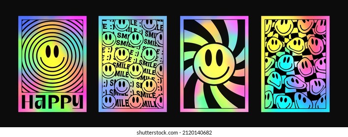 Set Of Trendy Rave On Posters. Collection Of Cool Rainbow Colorful Acid Smile Art. Techno music aesthetics.