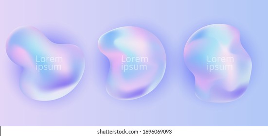 Conjunto de formas de degradado holográfico 3d abstracto y realistas sobre fondo azul. El líquido da forma a la etiqueta arco iris. Ilustración del vector