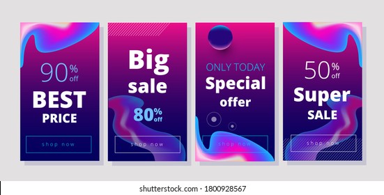 
set of trendy rectangular templates in blue and pink with sale lettering and neon liquid