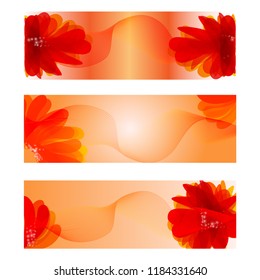 Set of trendy red and orange vector banners template or website headers with abstract flower. Vector floral design illustration EPS10