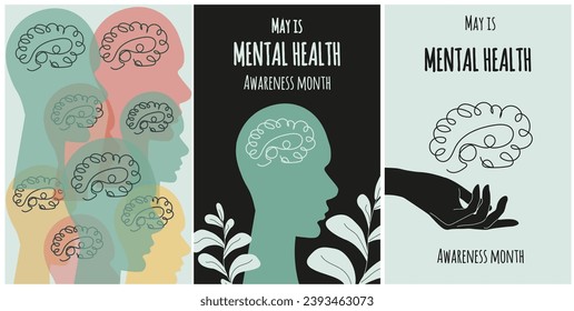 
Set trendy retro Mental Health awareness month banner with head and brain. Mental Health poster in modern groovy style. Vector illustration can used web pages, flyer, card cover. Brochure for clinic.