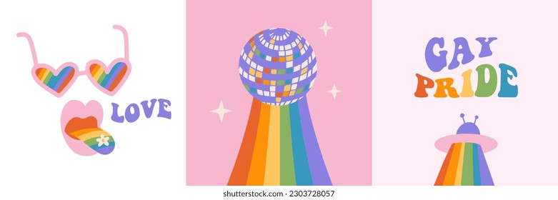 Set of trendy retro minimalist queer aesthetic square cards with wintage rainbow disco elements and text. LGBTQIA Pride Month social media templates with Y2K 90s flat vector design. Groovy vibes