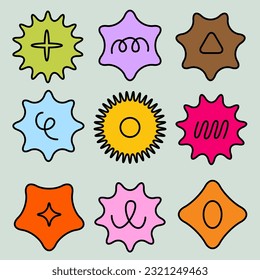 Set of trendy retro sticker, price tag, starburst, quality mark, sunburst badges, retro stars. Modern elements swiss style figures stars flowers circles