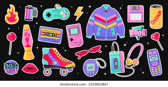 Set of trendy retro stickers classic 80s 90s elements. Cartoon flat style. Hand drawn vector illustration: jacket, lips, headphones, roller skate, cassette, game, phone. Fashion patch, badge, emblem.