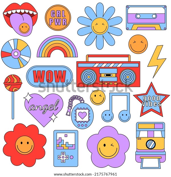 Set of trendy retro stickers with smile faces\
and 90s elements patches on a white background. Funky, hipster\
retrowave stickers in geometric shapes. Vector illustration of 70s\
groove elements.