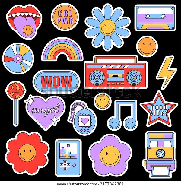 Set of trendy retro stickers with smile faces\
and 90s elements patches on a black background. Funky, hipster\
retrowave stickers in geometric shapes. Vector illustration of 70s\
groove elements.