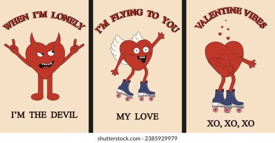 
Set trendy Retro Valentine's day greeting card with Groovy characters. Collection Valentine banner, poster, card cover with red funky heart. Vector illustration nostalgic 2000s style background