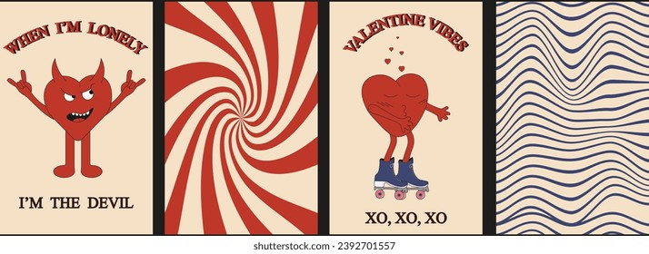 

Set trendy Retro Valentine's day greeting card with Groovy characters and distorted background. Collection Valentine banner, poster, card cover. Vector illustration nostalgic 2000s style.