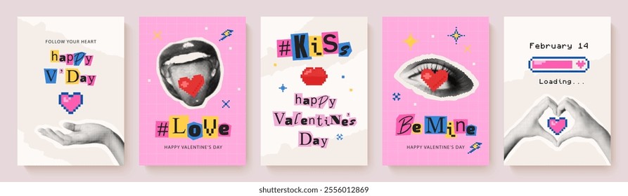 Set of trendy retro valentine's day cards with pixelated and halftone elements. Collection of cards in trendy Y2K style with 8 bit hearts and paper cut out collage elements. Vector illustration