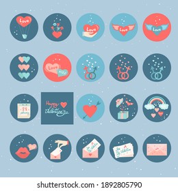 Set of trendy and romantic hand-drawn elements in circles.  Instagram story highlights icons. Trendy cute elements, Love and Valentines day concept. Designs for greeting cards, print, web.