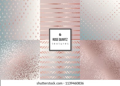 Set of trendy rose gold quartz textures for cover, brochure, flyer, poster, invitation, stylish design. Abstract dotted, striped, glitter, triangles background.Vector illustration. Gradients, patterns