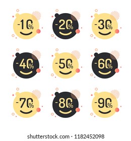 Set of trendy sale stickers. Badges template 10 off, 20, 30, 40, 50, 60, 70, 80, 90 percent sale label symbols, discount promotion icon.