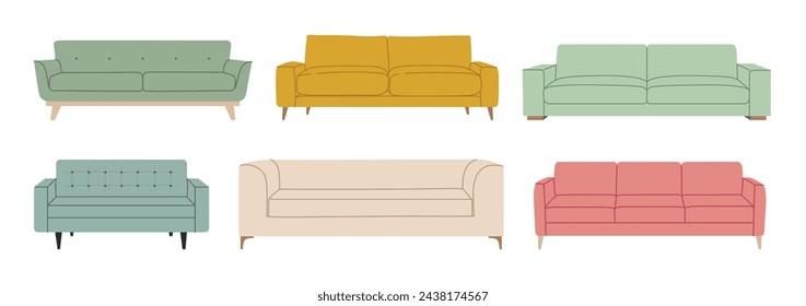 Set von trendigen skandinavischen Sofas und Sofas. Moderne, komfortable Soft-Möbel-Kollektion für gemütliches Wohndesign. Bunte flache Vektor-Illustration isoliert auf weißem Hintergrund.