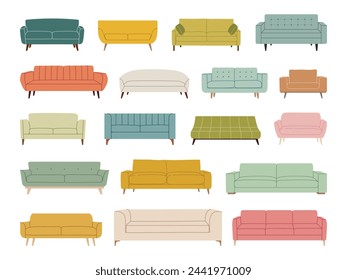 Set von trendigen skandinavischen Sofas, Sofas und Sesseln. Moderne, komfortable Soft-Möbel-Kollektion für gemütliches Wohndesign. Bunte flache Vektor-Illustration isoliert auf weißem Hintergrund.