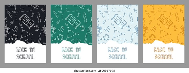 Conjunto de cartel de moda de la escuela, fondos. Conjunto de Anuncios de regreso a la escuela con fondo de doodle dibujado a mano. Diseño moderno con útiles escolares. Perfecto para anuncios de Web, marca, volante, Anuncio.
