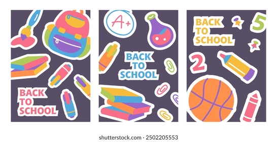 Set of trendy school posters with school supplies and typography. Back to school concept. Set of Bright School Posters, Banners on Dark Background. Template for advertising, web, social media.