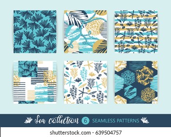 Set of Trendy sea seamless  patterns with hand texture and geometric elements. Vector illustration