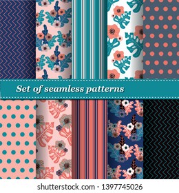 Set of Trendy Seamless Floral Pattern. Summer exotic ornament with tropical leaves.Vector illustration. EPS10