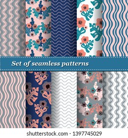 Set of Trendy Seamless Floral Pattern. Summer exotic ornament with tropical leaves.Vector illustration. EPS10