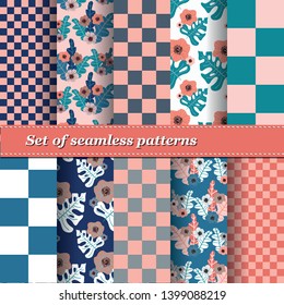 Set of Trendy Seamless Floral Pattern. Summer exotic ornament with tropical leaves.Vector illustration. EPS10