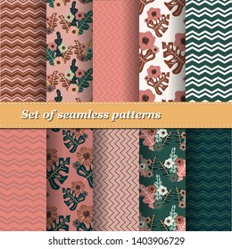 Set of Trendy Seamless Floral Pattern. Summer exotic ornament with tropical leaves.Vector illustration. EPS10