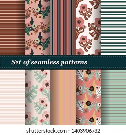Set of Trendy Seamless Floral Pattern. Summer exotic ornament with tropical leaves.Vector illustration. EPS10