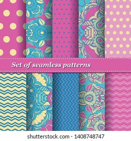 Set of Trendy Seamless Floral Pattern. Summer exotic ornament with tropical leaves.Vector illustration. EPS10