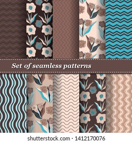 Set of Trendy Seamless Floral Pattern. Summer exotic ornament with tropical leaves.Vector illustration. EPS10