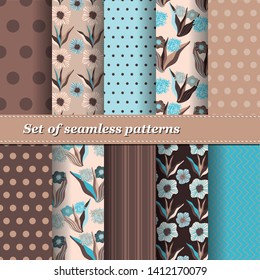 Set of Trendy Seamless Floral Pattern. Summer exotic ornament with tropical leaves.Vector illustration. EPS10