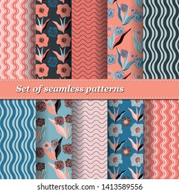 Set of Trendy Seamless Floral Pattern. Summer exotic ornament with tropical leaves.Vector illustration. EPS10