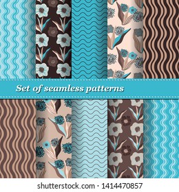 Set of Trendy Seamless Floral Pattern. Summer exotic ornament with tropical leaves.Vector illustration. EPS10