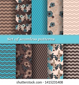 Set of Trendy Seamless Floral Pattern. Summer exotic ornament with tropical leaves.Vector illustration. EPS10