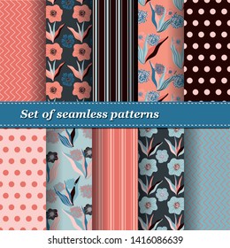 Set of Trendy Seamless Floral Pattern. Summer exotic ornament with tropical leaves.Vector illustration. EPS10