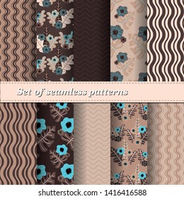Set of Trendy Seamless Floral Pattern. Summer exotic ornament with tropical leaves.Vector illustration. EPS10