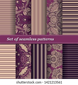 Set of Trendy Seamless Floral Pattern. Summer exotic ornament with tropical leaves.Vector illustration. EPS10