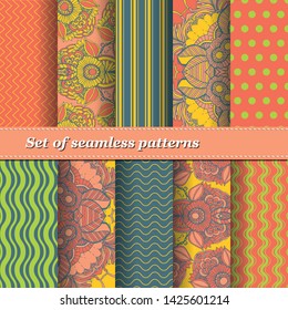 Set of Trendy Seamless Floral Pattern. Summer exotic ornament with tropical leaves.Vector illustration. EPS10