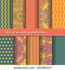 Set of Trendy Seamless Floral Pattern. Summer exotic ornament with tropical leaves.Vector illustration. EPS10