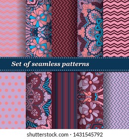 Set of Trendy Seamless Floral Pattern. Summer mandala ornament.Vector illustration. EPS10