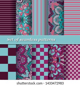 Set of Trendy Seamless Floral Pattern. Summer mandala ornament.Vector illustration. EPS10