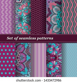 Set of Trendy Seamless Floral Pattern. Summer mandala ornament.Vector illustration. EPS10