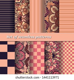 Set of Trendy Seamless Floral Pattern. Summer mandala ornament.Vector illustration. EPS10