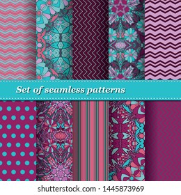 Set of Trendy Seamless Floral Pattern. Summer exotic ornament with tropical leaves.Vector illustration. EPS10