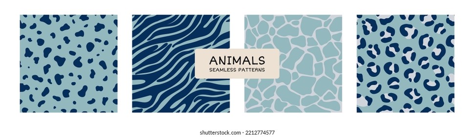 Set of trendy seamless patterns of blue animal prints. Abstract stripes and spots similar to the skin of a leopard, giraffe and tiger. Flat vector backgrounds for textile, paper.
