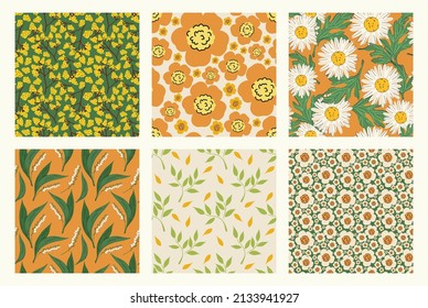 Set of trendy seamless patterns. Floral design for fashion fabrics, baby clothes, home decor, quilting, t-shirts, cards and templates, scrapbooking. Vector illustration.